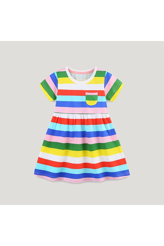 Girl's Dresses Short Sleeve Rainbow Stripe Print Princess Dance Party Kids Clothing