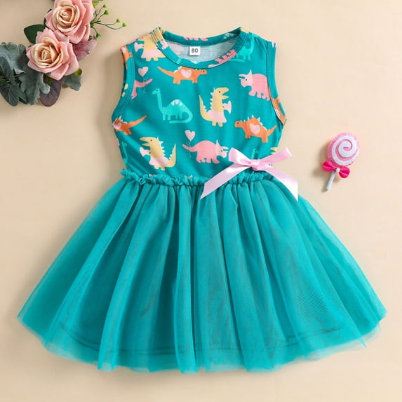 Girl's Dresses Sleeveless Dinosaur Bow Tulle Patchwork Princess Kids Outfits
