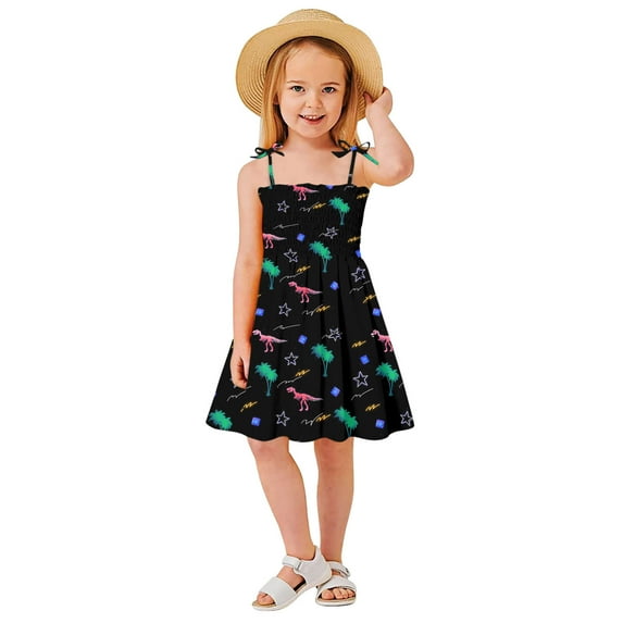 Girl's Dresses Sleeveless Dinosaur Print Dance Party Kids Clothing