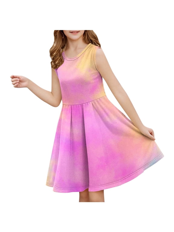 Girl's Dresses Summer Casual Tie Dye Loose Tank Dress Casual Twirly Sundress Cute Shirt Swing Midi Dress for 4-13T Gilrs