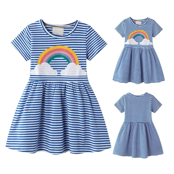 Girl's Dresses Summer Rainbow Stripe Embroidery Pattern Children Princess Kids Clothing