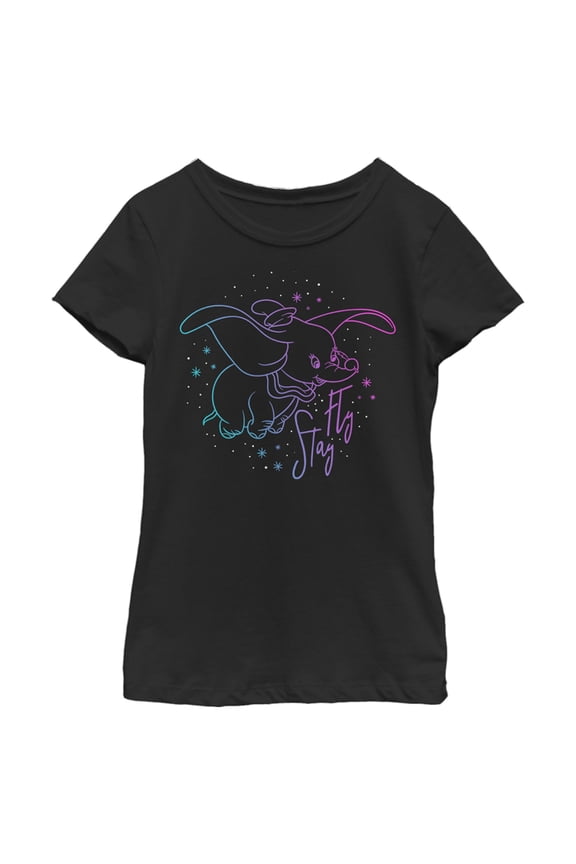 Girl's Dumbo Stay Fly Outline  Graphic Tee Black X Large