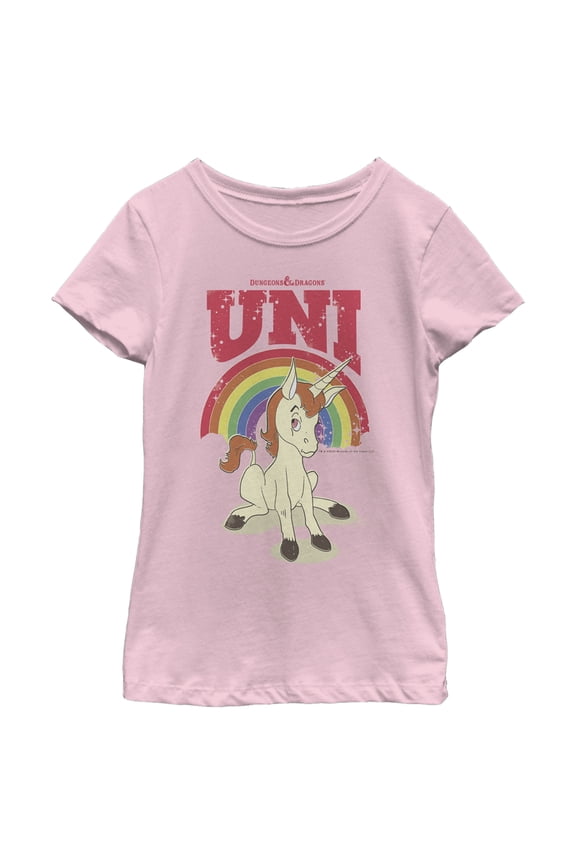 Girl's Dungeons & Dragons Uni Unicorn Rainbow Cartoon Graphic Tee Light Pink X Small