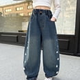 thumbnail image 1 of Girl's Elastic High Waist Denim Pants Basic Wide Leg Jeans Navy 5-6Years, 1 of 7