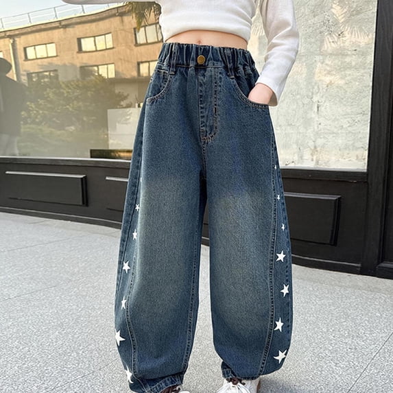 Girl's Elastic High Waist Denim Pants Basic Wide Leg Jeans Navy 5-6Years