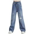 thumbnail image 1 of Girl's Elastic High Waisted Pull On Stretchy Ripped Baggy Jeans Straight Wide Leg Distressed Denim Pants, 1 of 1