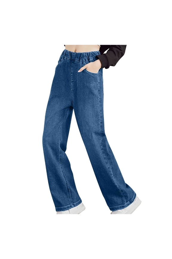 Girl's Elastic High Waisted Pull On Stretchy Ripped Baggy Jeans Straight Wide Leg Distressed Denim Pants