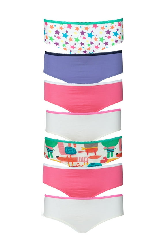 Girl's Elastic Waist Lace Trim 100% Cotton Panties Briefs, 7 Pack Assorted Colors and Styles