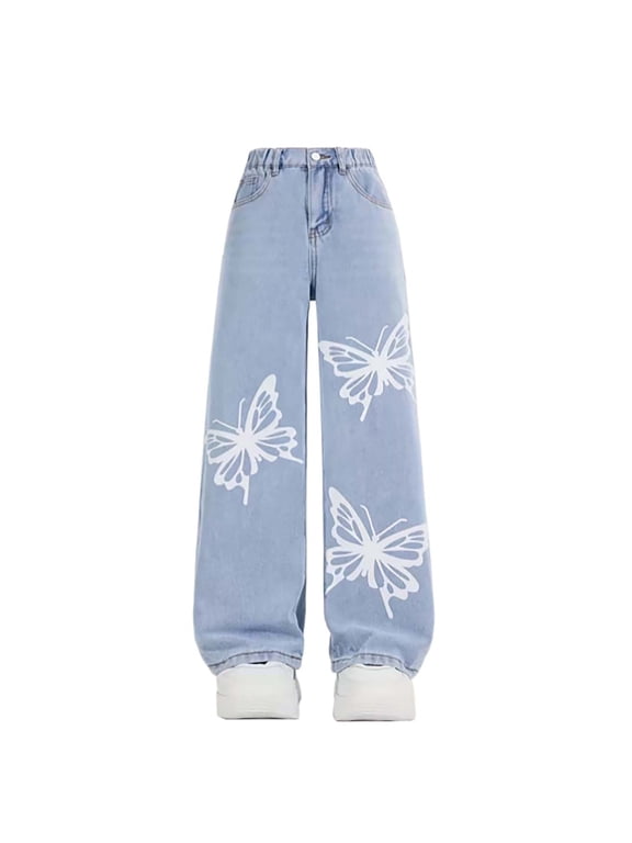 Girl's Elastic Waist Wide Leg Denim Pants for Kids Stretch Jeans with Comfortable Everyday Fit Fashion Causal Daily Wear,Light Blue