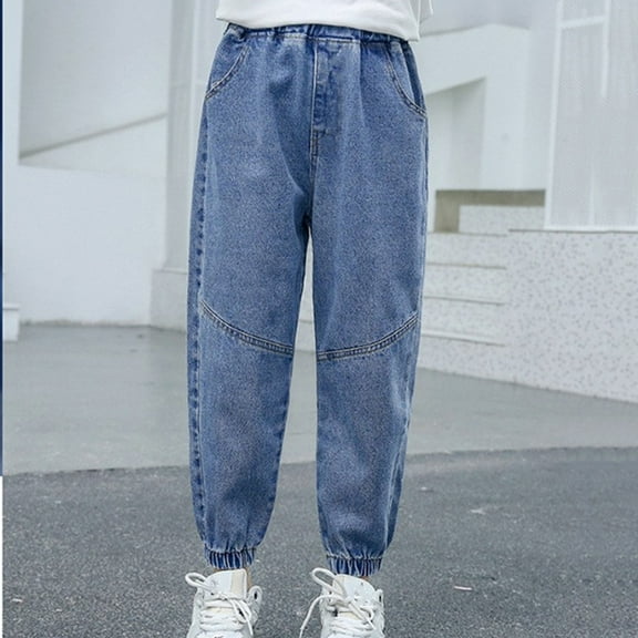 Girl's Embroidered Wide Leg Jeans Elastic Waist Denim Pants Baggy Straight Leg Trousers with Pockets Y2K Clothes Jeans For Kids Girls Long Pants