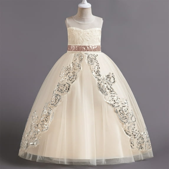 Girl's Embroidery Tulle Lace Flower Girl Wedding Dress Girls' Summer New Sleeveless Ruffled Lace Round-Neck Embroidery Mesh Princess Bow Skirt Beige 8-9 Years