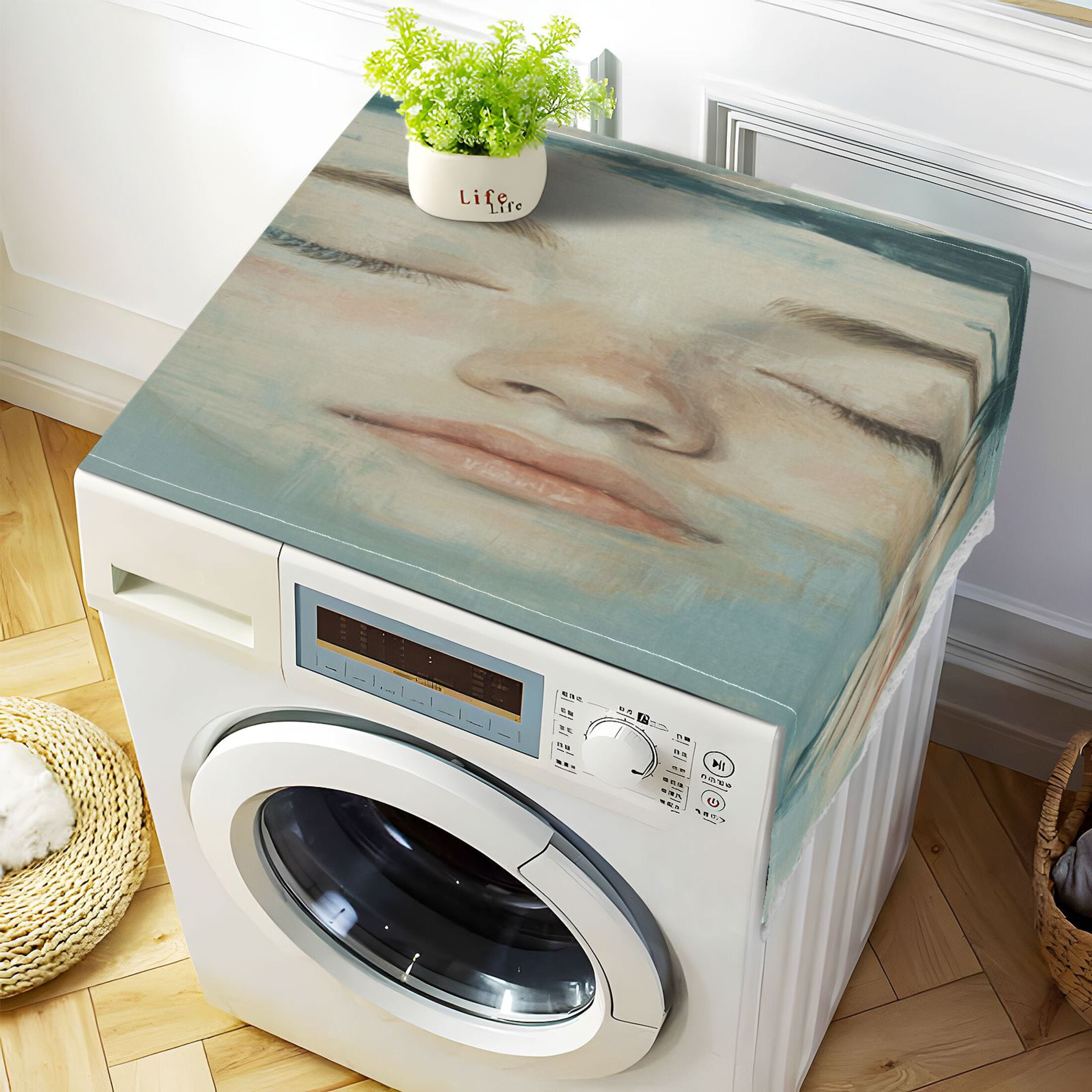 Girl's FaceWasher and Dryer Covers Dust-Proof and Oil Resistant Fridge Cover with 4 Storage Pockets Washing Machine Top Cover for Laundry Kitchen Home 51.2 x 22 In
