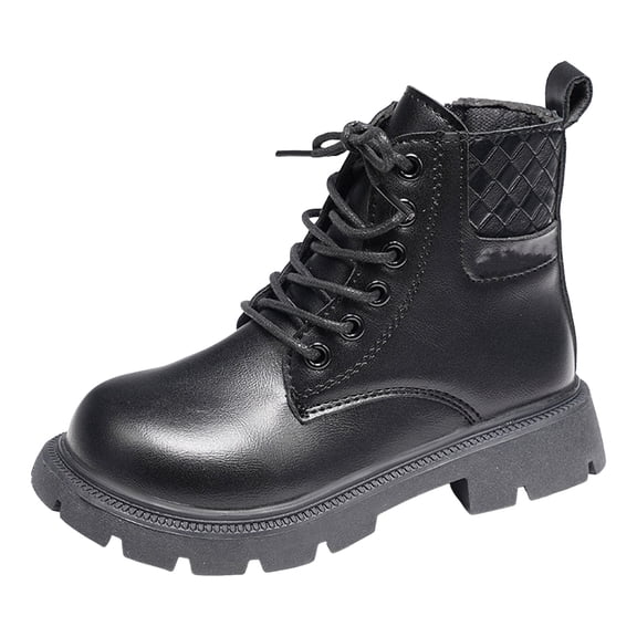 Girl's Fall Winter Ankle Boots Fashion Lug Sole Waterproof Leather Lace up Zipper Combat Booties Casual Work Riding Short Boots Black 3 Big Kid