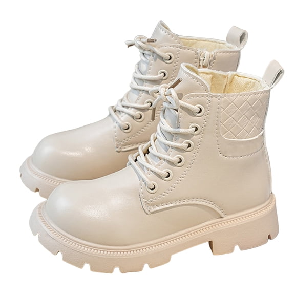 Girl's Fall Winter Ankle Boots Fashion Lug Sole Waterproof Leather Lace up Zipper Combat Booties Casual Work Riding Short Boots White 12 Little Kid