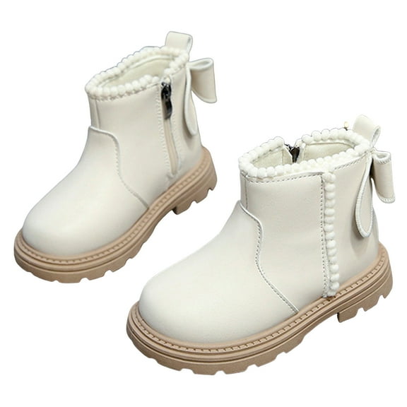 Girl's Fall Winter Ankle Boots Stitching Leather Cute Bow Lug Sole Side Zipper Booties Fuzzy Fringe Dress Short Boots