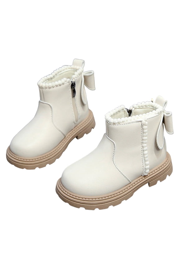 Girl's Fall Winter Ankle Boots Stitching Leather Cute Bow Lug Sole Side Zipper Booties Fuzzy Fringe Dress Short Boots