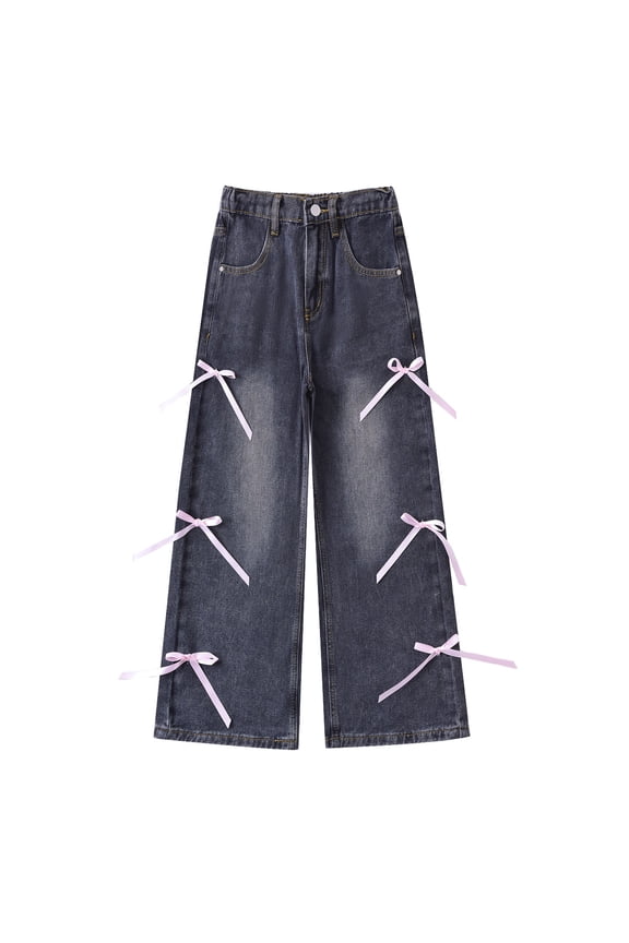 Girl's Fashion Bowknot Wide Leg Jeans Girls Jeans Size 7 Bootcut Casual Pockets Elastic Waist Baggy Denim Pants for Girls Size 10-11 Years 1_Grey