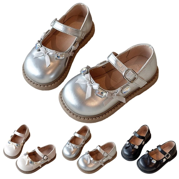 Girl's Faux Leather Mary Jane Shoes Lightweight Ballet Flats with Buckle Strap Rhinestone Party Wedding Princess Shoes