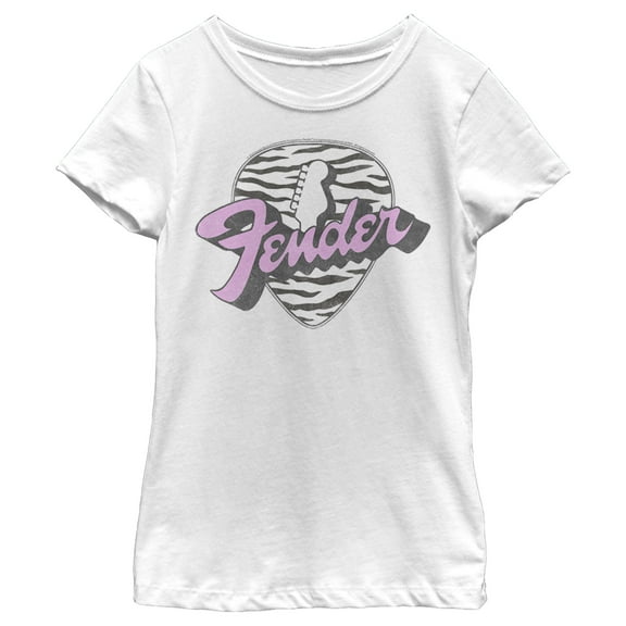 Girl's Fender Tiger Print Guitar Pick Logo Graphic Tee White Small