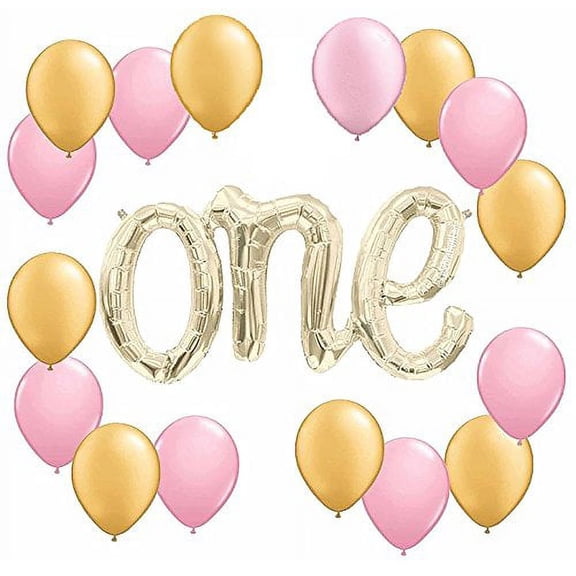 Girl's First 1st Birthday Party Pink and Gold Fun To Be 1 "One" Mylar and Latex Balloons Banner Kit