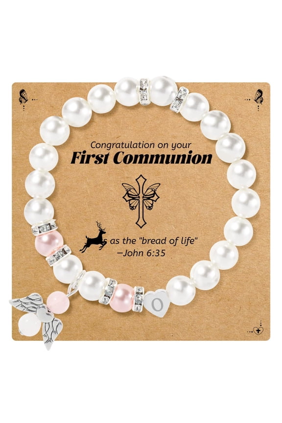 Girl's First Communion Gift, Angel Wings Heart Letter Pearl Bracelet