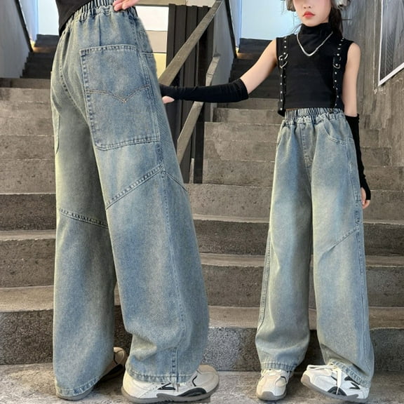 Girl's Flared Jeans Wide Leg Elastic High Waist Vintage Cute Bell Bottom Denim Pants Teenager Y2K School Trouser Black Jeans For Boys 16-18 Slim