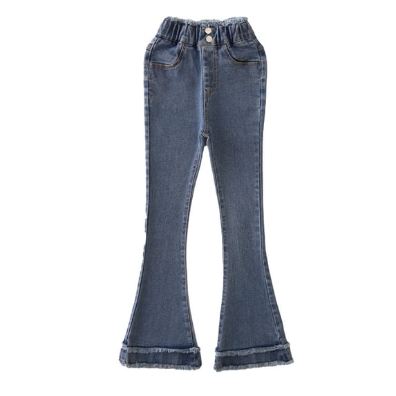 Girl's Flared Jeans Wide Leg Elastic High Waist Vintage Cute Bell Bottom Denim Pants Teenager Y2K School Trouser Girls Uniform Pants Navy Blue