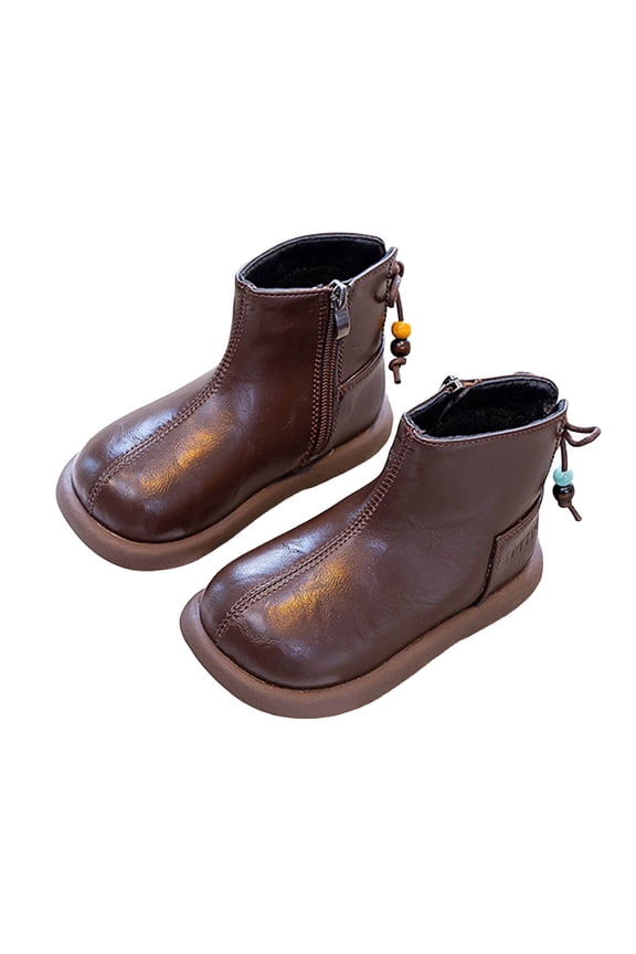 Girl's Flat Ankle Boots Casual Splice Leather Beaded Strappy Round Toe Zipper Plush Lined Booties Chunky Soft Sole Fall Winter Short Boots Brown 12.5 Little Kids