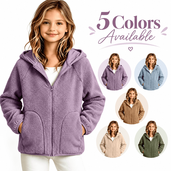Girl's Fleece Hooded Jackets - Zip up Coat for Fall Winter - Soft Warm Long Sleeve Zipper Outerwear with Pockets
