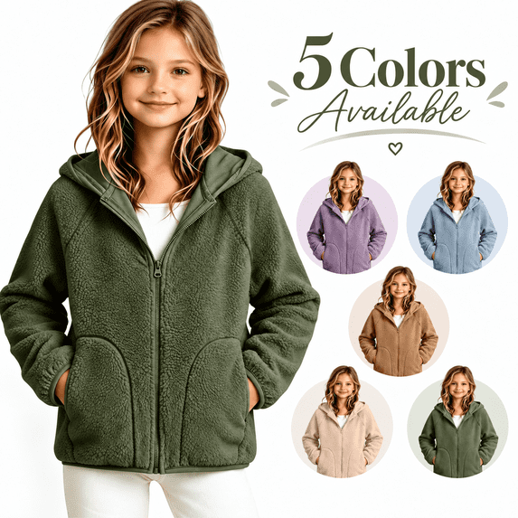 Girl's Fleece Hooded Jackets - Zip up Coat for Fall Winter - Soft Warm Long Sleeve Zipper Outerwear with Pockets
