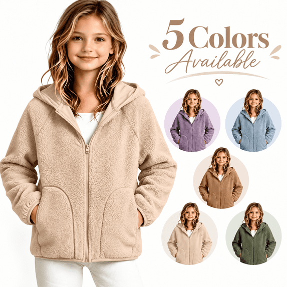 Girl's Fleece Hooded Jackets - Zip up Coat for Fall Winter - Soft Warm Long Sleeve Zipper Outerwear with Pockets