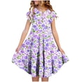 thumbnail image 1 of Girl's Floral Print Dresses Short Sleeve Pleated Casual Loose Midi Dress A Line Flowy Elegant Fashion Lightweight Summer Dress with Pocket 4-15 Years, 1 of 5