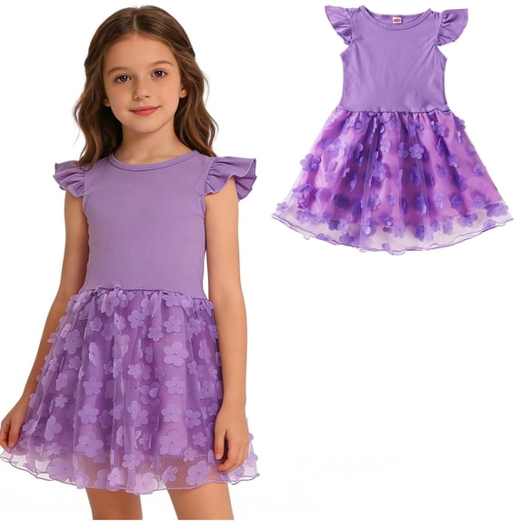 Girl's Floral Summer Dress Kids Boho Ruffle Short Sleeve Purple A-Line Midi Spring Dresses 5-6 Years