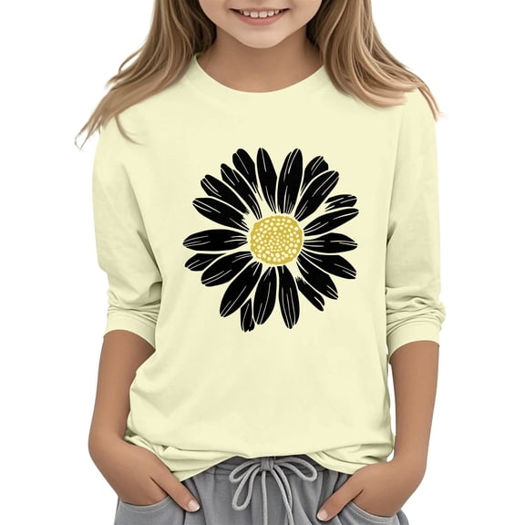 Girl's Floral T Shirts Cute Daisy Flower Graphic Long Sleeve Shirt Kids Aesthetic Pullover Tops Beige 160