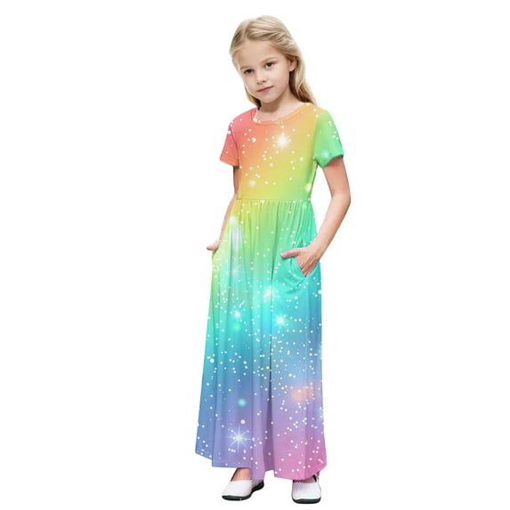 Girl's Flowy Maxi Dress, Tween Short Sleeve Long Dresses, Casual Boho Sundress with Pockets Kids Light Mini Dress Multicolor 9Y