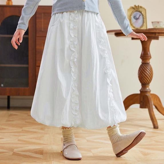 Girl's Flowy Maxi Skirt A Line High Waisted Tiered Ruffle Swing Long Skirt with Lace Trim Summer Beach Casual Maxis for Girls (6-White 9-10)