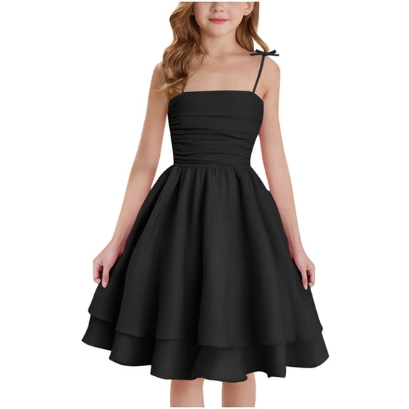 Girl's Flowy Midi Dress Ruffled Dress Smocked Ruched Teen Summer Adjustable Spaghetti Strap Casual Cami Layered Knee Length Dresses Child Short Sleeve Mini Dress Black 12-13Y