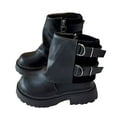 thumbnail image 1 of Girl's Fold Over Ankle Boots Winter Waterproof Leather Furry Lined Round Toe Fashion Buckle Strap Zipper Motorcycle Riding Booties 1 Big Kid Black, 1 of 6