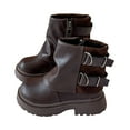 thumbnail image 1 of Girl's Fold Over Ankle Boots Winter Waterproof Leather Furry Lined Round Toe Fashion Buckle Strap Zipper Motorcycle Riding Booties 1 Big Kid Brown, 1 of 6