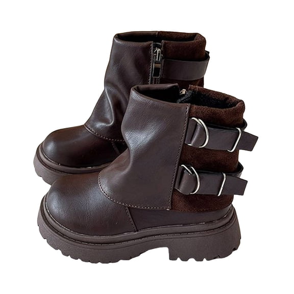 Girl's Fold Over Ankle Boots Winter Waterproof Leather Furry Lined Round Toe Fashion Buckle Strap Zipper Motorcycle Riding Booties 1 Big Kid Brown