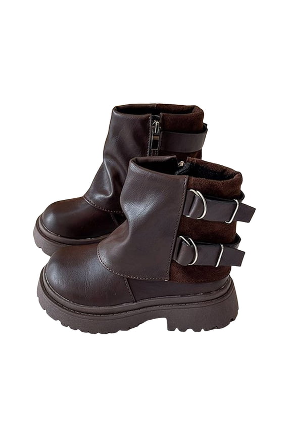 Girl's Fold Over Ankle Boots Winter Waterproof Leather Furry Lined Round Toe Fashion Buckle Strap Zipper Motorcycle Riding Booties 1 Big Kid Brown