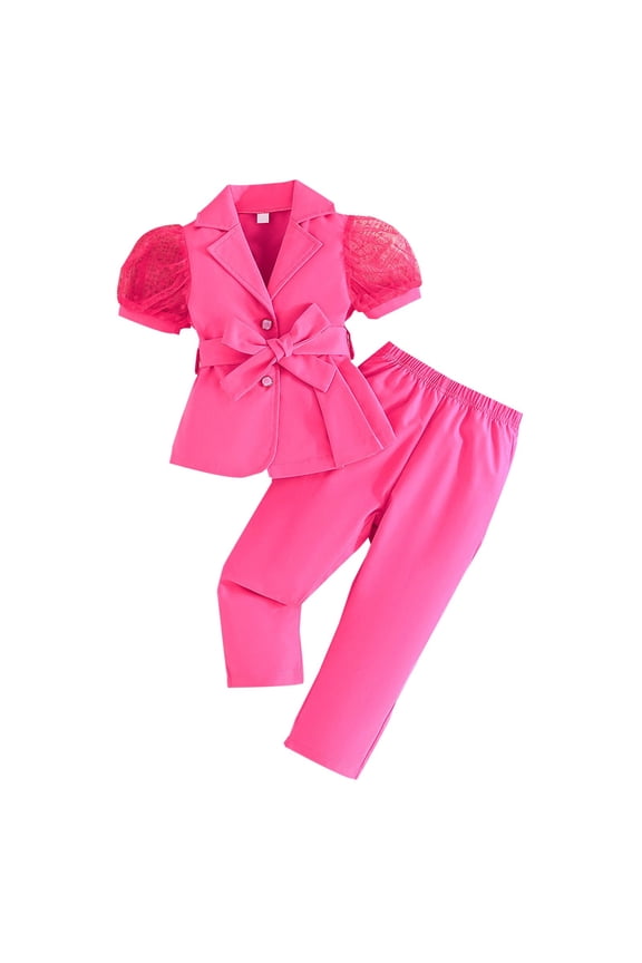 Girl's Formal Wear 2 Piece Outfits, Button Puff Short Sleeve Blazer and Pants Suit Set