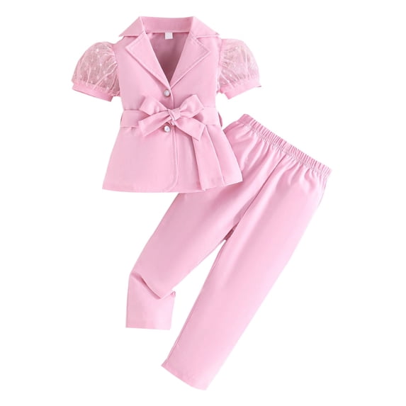 Girl's Formal Wear 2 Piece Outfits, Button Puff Short Sleeve Blazer and Pants Suit Set