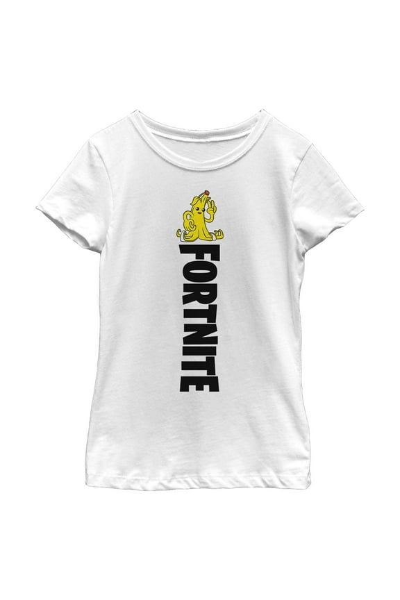 Girl's Fortnite Peely Peace Sign Vertical Logo  Graphic Tee White Medium