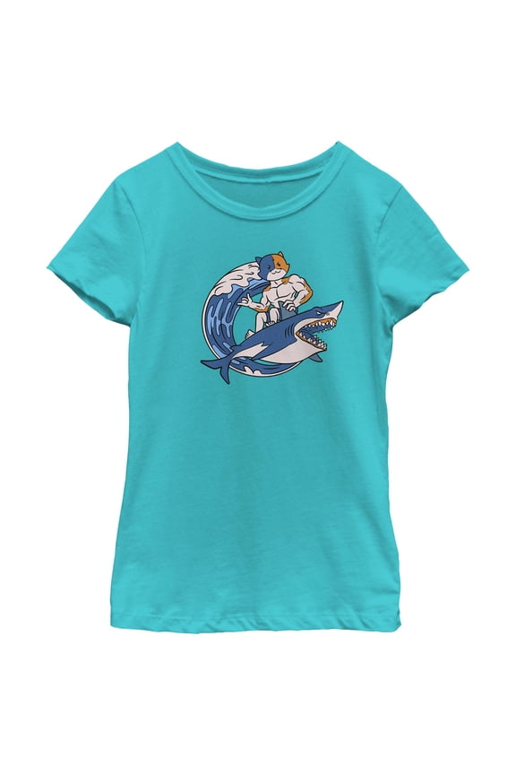 Girl's Fortnite Surfer Meowscles Graphic Tee Tahiti Blue Large