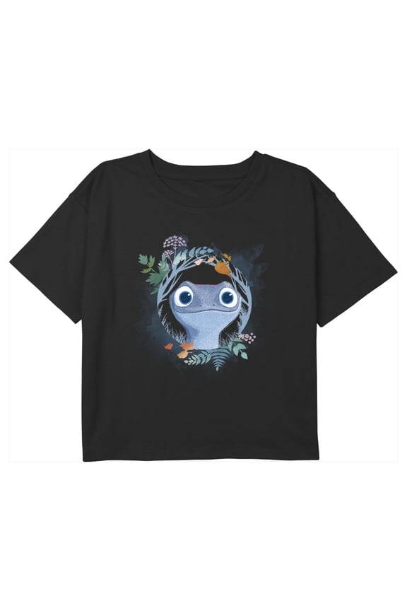 Girl's Frozen 2 Bruni Leaf Portrait Graphic Cropped T-Shirt Black Medium
