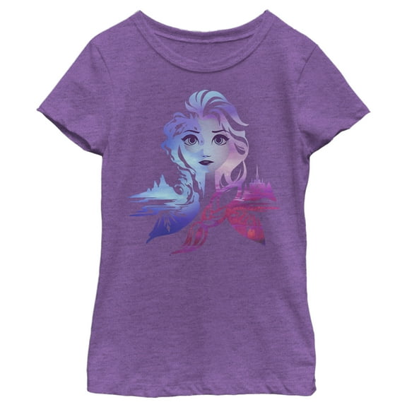 Girl's Frozen 2 Elsa Two Tone Gradient Portrait  Graphic Tee Purple Berry Large