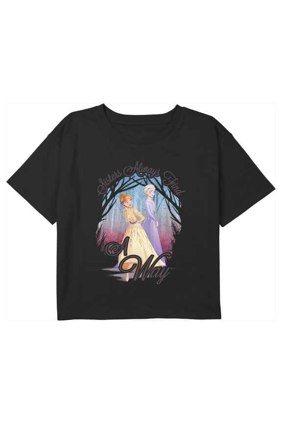 Girl's Frozen 2 Elsa and Anna Sisters Always Find a Way Graphic Cropped T-Shirt Black Medium