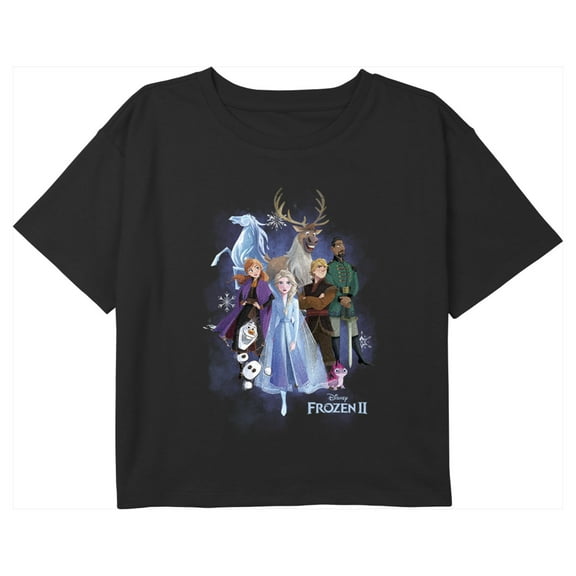 Girl's Frozen 2 Group Portrait Graphic Cropped T-Shirt Black X Large