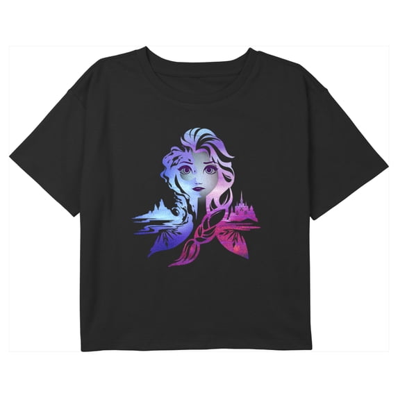 Girl's Frozen 2 Ombre Elsa Portrait Graphic Cropped T-Shirt Black X Small